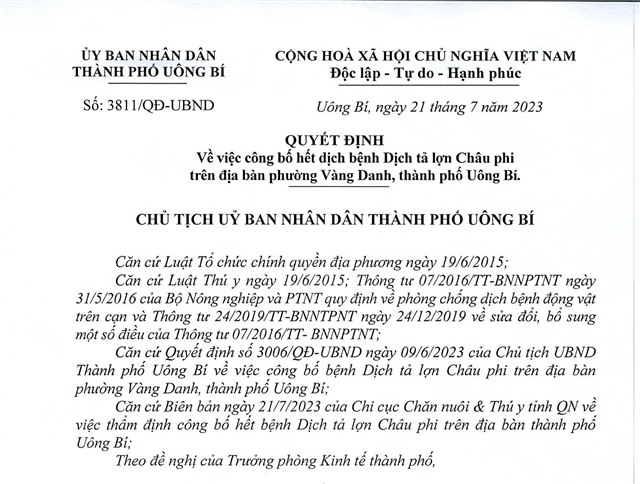 Quyết định về việc công bố hết dịch bệnh dịch tả lợn Châu Phi trên địa bàn phường Vàng Danh, thành phố Uông Bí
