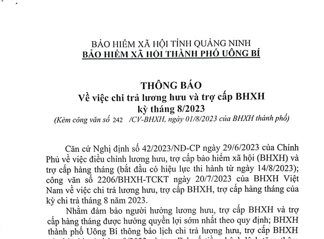 Thông báo về việc chi trả lương hưu và trợ cấp BHXH kỳ tháng 8/2023