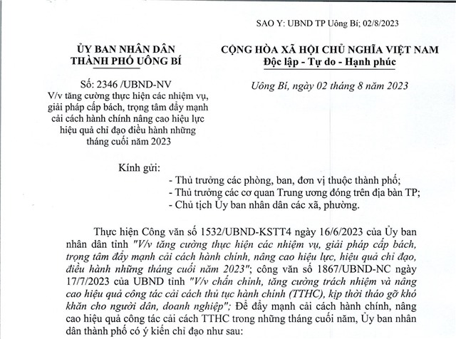 Tăng cường thực hiện các nhiệm vụ, giải pháp cấp bách, trọng tâm đẩy mạnh cải cách hành chính nâng cao hiệu lực hiệu quả chỉ đạo điều hành những tháng cuối năm 2023