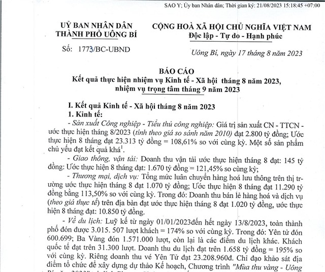 Báo cáo kết quả thực hiện nhiệm vụ kinh tế - xã hội tháng 8 năm 2023, nhiệm vụ trọng tâm tháng 9 năm 2023