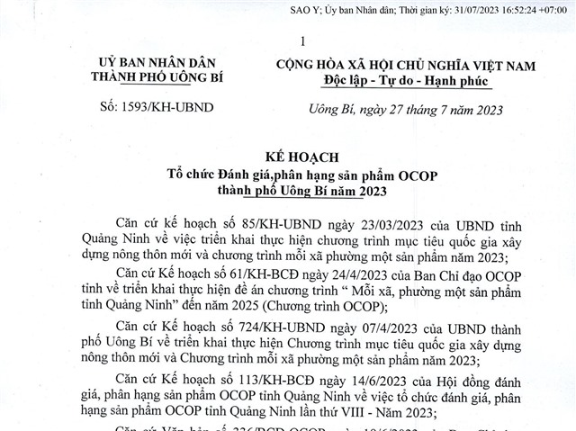 Kế hoạch tổ chức đánh giá, phân hạng sản phẩm OCOP thành phố Uông Bí năm 2023