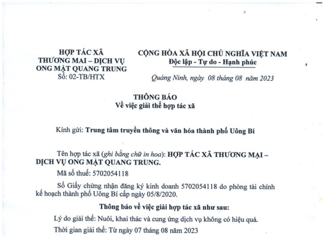 Thông báo về việc giải thể hợp tác xã