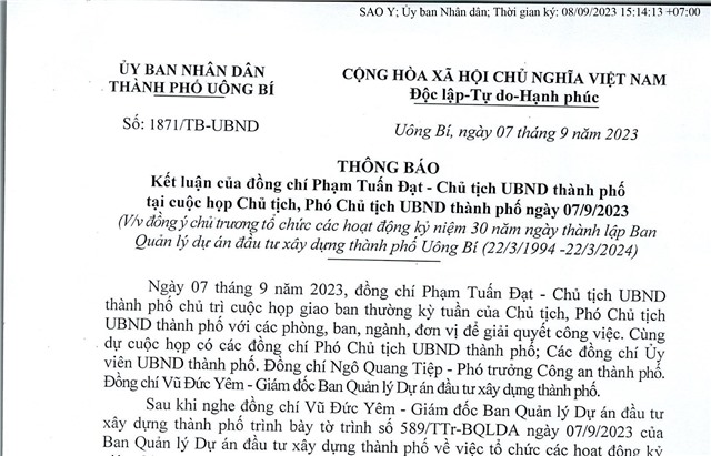 Thông báo Kết luận của đồng chí Phạm Tuấn Đạt - Chủ tịch UBND thành phố tại cuộc họp Chủ tịch, Phó Chủ tịch UBND thành phố ngày 07/9/2023