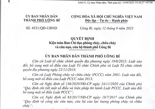 Quyết định kiện toàn ban chỉ đạo phòng cháy, chữa cháy và cứu nạn, cứu hộ thành phố Uông Bí