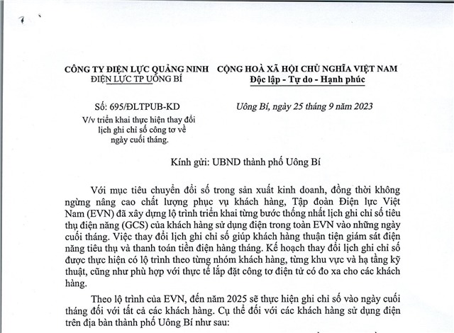 Thực hiện thay đổi lịch ghi chỉ số công tơ về những ngày cuối tháng