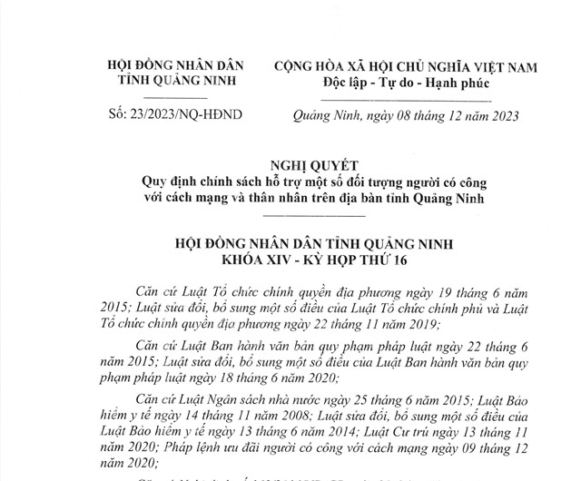 Nghị quyết Quy định chính sách hỗ trợ một số đối tượng người có công với cách mạng và thân nhân trên địa bàn tỉnh Quảng Ninh