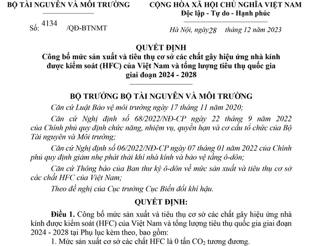 Quyết định công bố mức sản xuất và tiêu thụ cơ sở các chất gây hiệu ứng nhà kính được kiểm soát (HFC) của Việt Nam và tổng lượng tiêu thụ quốc gia giai đoạn 2024-2028