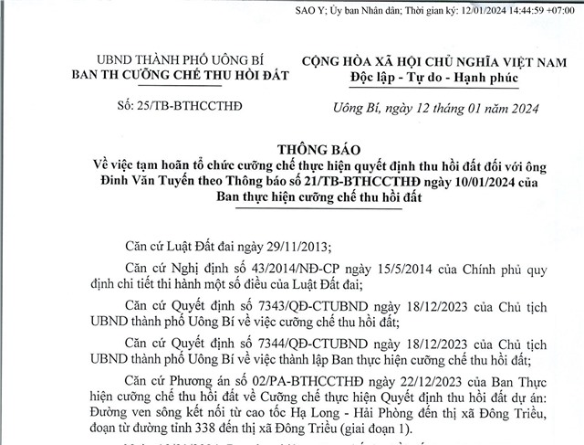 Thông báo về việc tạm hoãn tổ chức cưỡng chế thực hiện quyết định thu hồi đất đối với ông Đinh Văn Tuyến theo Thông báo số 21/TB-BTHCCTHĐ ngày 10/01/2024 của Ban Thực hiện cưỡng chế thu hồi đất