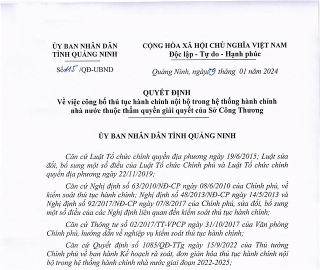 Công bố thủ tục hành chính nội bộ trong hệ thống hành chính Nhà nước thuộc thẩm quyền giải quyết của Sở Công Thương