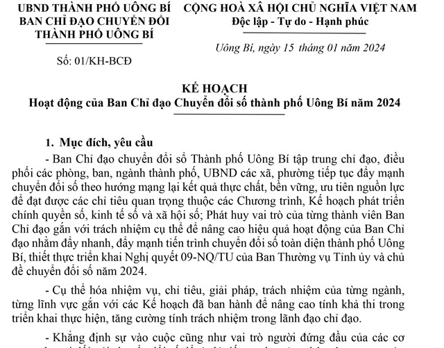 Kế hoạch hoạt động của Ban Chỉ đạo Chuyển đổi số thành phố Uống Bí năm 2024