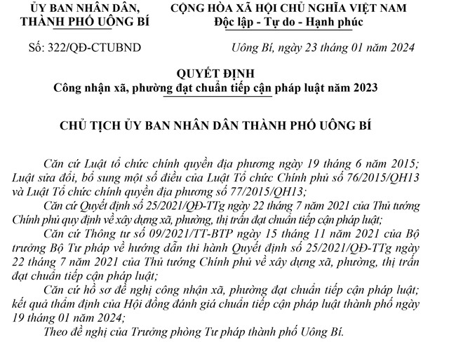 Quyết định công nhận xã, phường đạt chuẩn tiếp cận pháp luật năm 2023