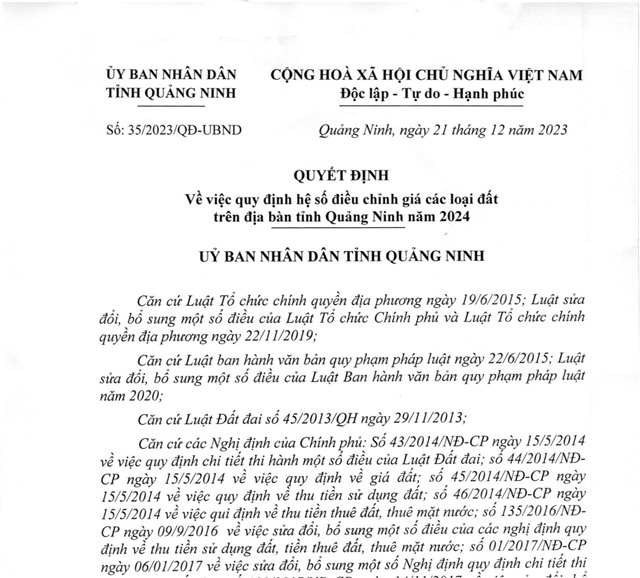 Quyết định về việc quy định hệ số điều chỉnh giá các loại đất trên địa bàn tỉnh Quảng Ninh năm 2024
