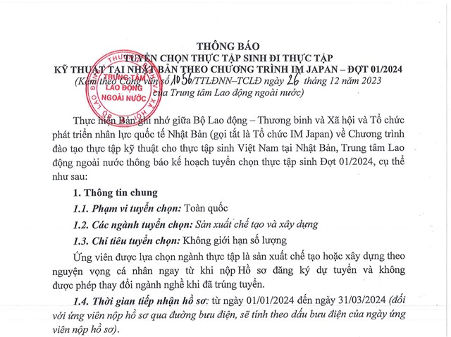 Thông báo tuyển chọn thực tập sinh đi thực tập kỹ thuật tại Nhật Bản theo chương trình IM JAPAN - ĐỢT 01/2024