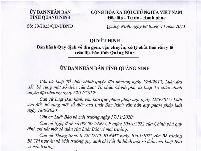 Quyết định ban hành quy định về thu gom, vận chuyển, xử lý chất thải rắn y tế trên địa bàn tỉnh Quảng Ninh