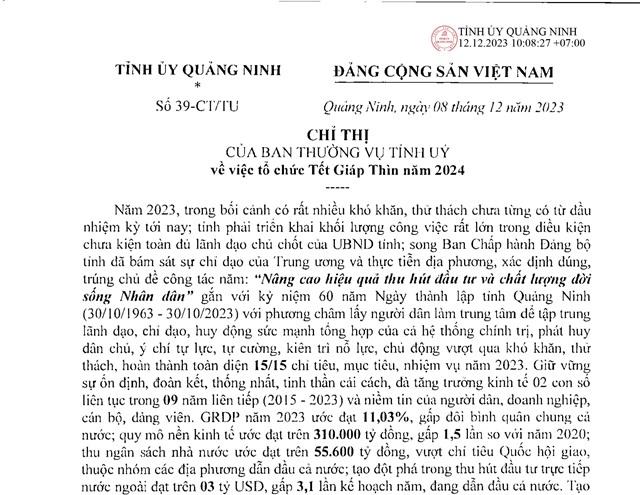 Chỉ thị của Ban Thường vụ Tỉnh ủy về việc tổ chức Tết Giáp Thìn năm 2024