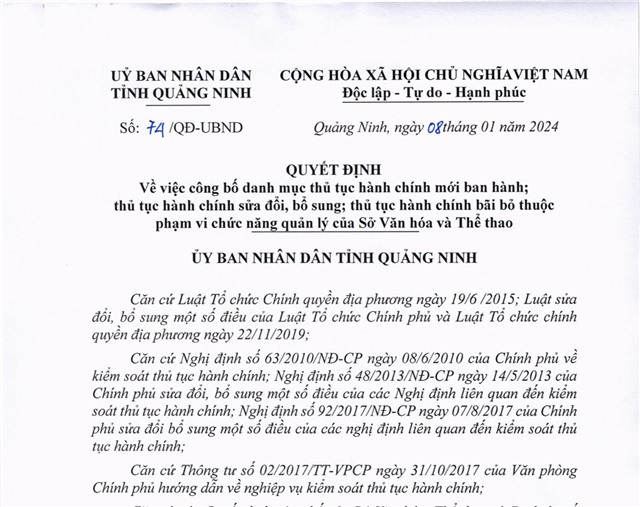 Quyết định V/v công bố danh mục thủ tục hành chính mới ban hành; thủ tục hành chính sửa đổi, bổ sung; thủ tục hành chính bị bãi bỏ thuộc phạm vi chức năng quản lý của Sở Văn hóa và Thể thao