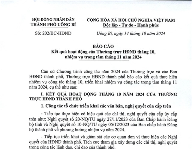Báo cáo kết quả hoạt động của Thường trực HĐND tháng 10, nhiệm vụ trọng tâm tháng 11 năm 2024