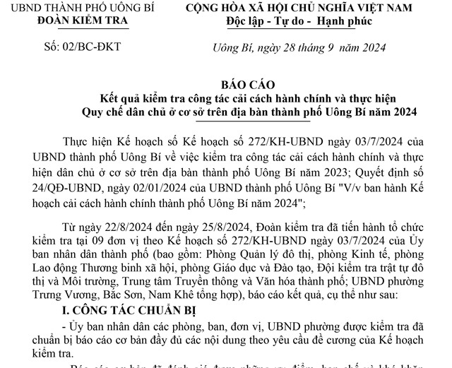 Báo cáo kết quả kiểm tra công tác CCHC và thực hiện quy chế dân chủ ở cơ sở trên địa bàn thành phố Uông Bí năm 2024