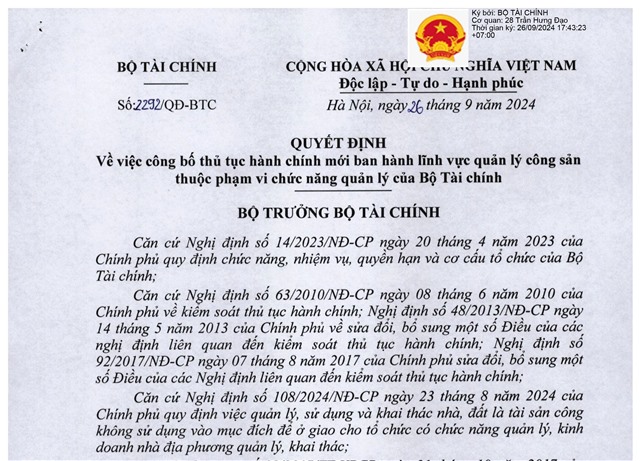 Công bố TTHC mới ban hành lĩnh vực quản lý công sản thuộc phạm vi chức năng quản lý của Bộ Tài chính