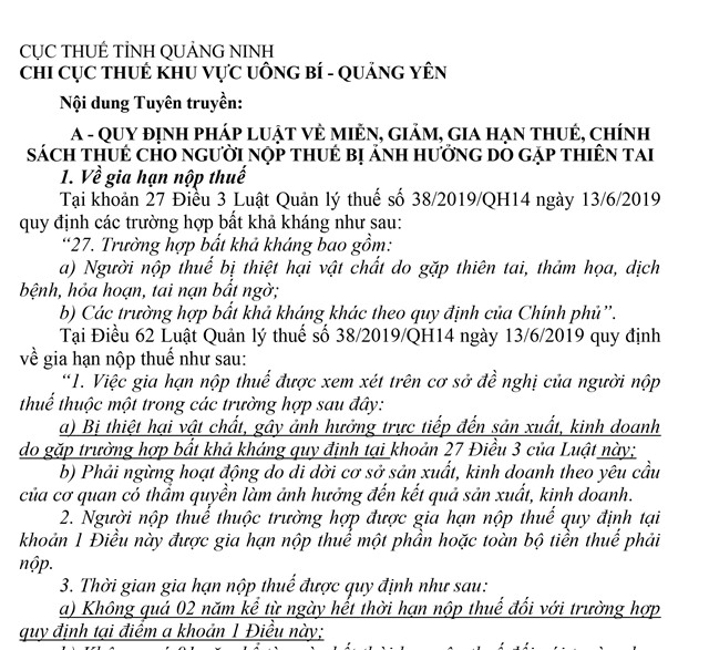 Quy định pháp luật về miễn, giảm, gia hạn thuế, chính sách thuế cho các tổ chức, doanh nghiệp, cá nhân bị ảnh hưởng do gặp thiên tai