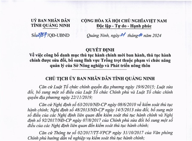 Công bố Danh mục thủ tục hành chính mới ban hành, thủ tục hành chính được sửa đổi, bổ sung lĩnh vực trồng trọt thuộc phạm vi, chức năng quản lý của Sở Nông nghiệp và Phát triển nông thôn