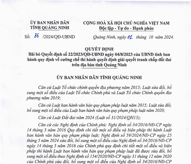 Quyết định bãi bỏ Quyết định số 22/2023/QĐ-UBND ngày 04/8/2023 của UBND tỉnh ban hành quy định về cưỡng chế thi hành quyết định giải quyết tranh chấp đất đai trên địa bàn tỉnh Quảng Ninh