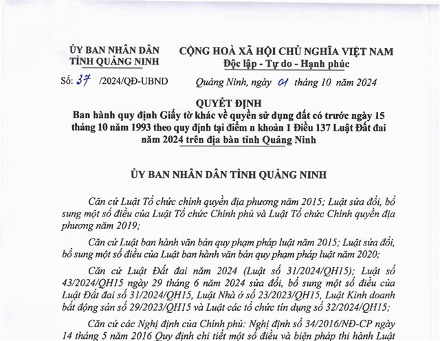 Quyết định Ban hành quy định Giấy tờ khác về quyền sử dụng đất có trước ngày 15 tháng 10 năm 1993 theo quy định tại điểm n khoản 1 Điều 137 Luật Đất đai năm 2024 trên địa bàn tỉnh Quảng Ninh