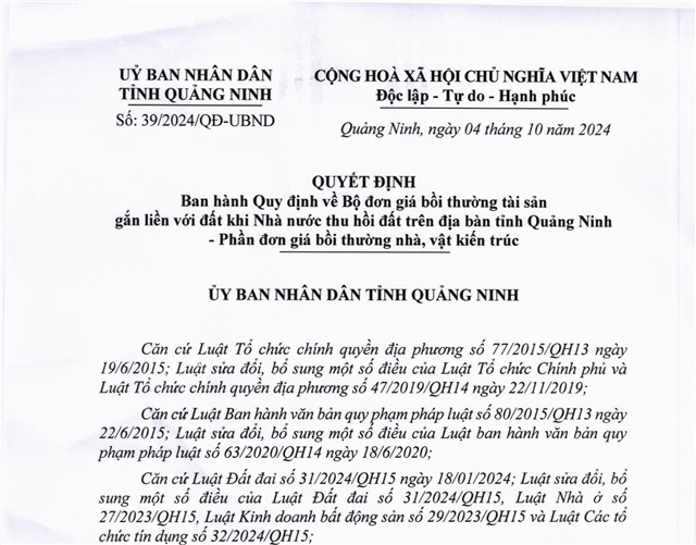 Ban hành Quy định về Bộ đơn giá bồi thường tài sản gắn liền với đất khi Nhà nước thu hồi đất trên địa bàn tỉnh Quảng Ninh - Phần đơn giá bồi thường nhà, vật kiến trúc