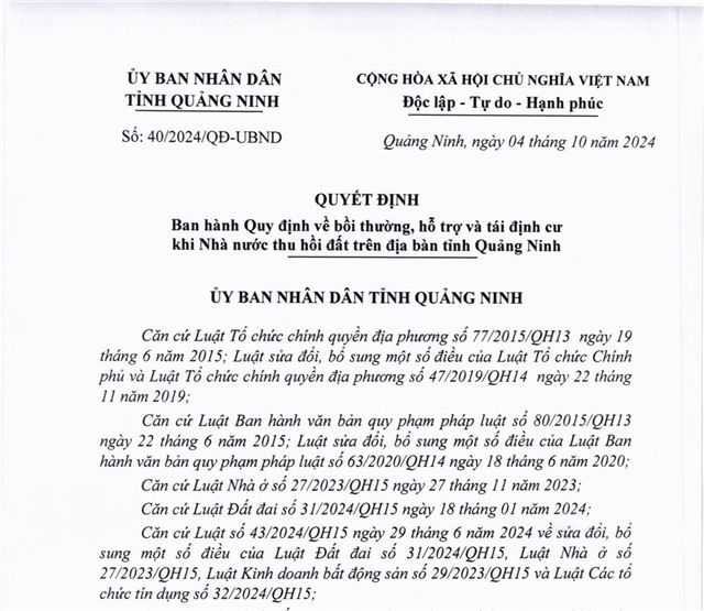 Ban hành Quy định về bồi thường, hỗ trợ và tái định cư khi Nhà nước thu hồi đất trên địa bàn tỉnh Quảng Ninh