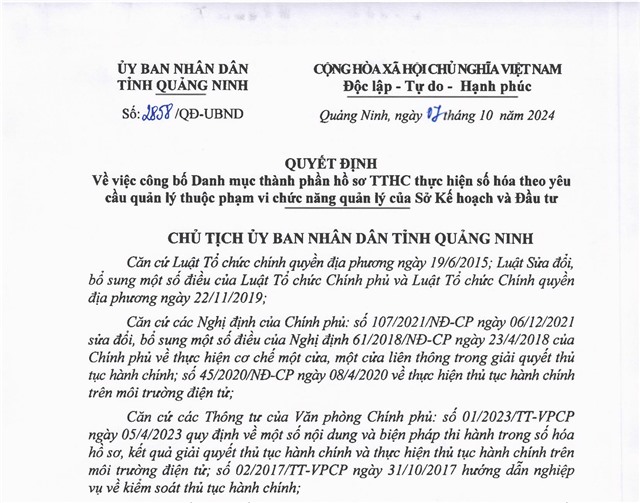 Công bố Danh mục thành phần hồ sơ TTHC thực hiện số hóa theo yêu cầu quản lý thuộc phạm vi chức năng quản lý của Sở Kế hoạch và Đầu tư