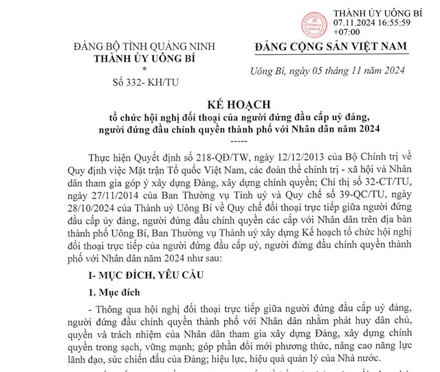 Kế hoạch tổ chức hội nghị đối thoại của người đứng đầu cấp uỷ đảng, người đứng đầu chính quyền thành phố với Nhân dân năm 2024