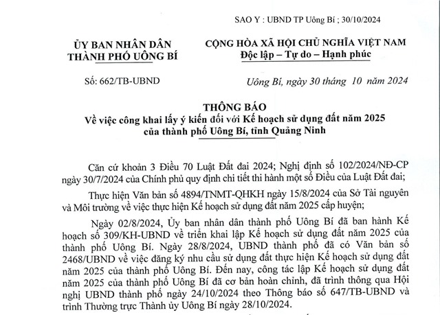 Thông báo về việc công khai lấy ý kiến đối với Kế hoạch sử dụng đất năm 2025 của thành phố Uông Bí, tỉnh Quảng Ninh