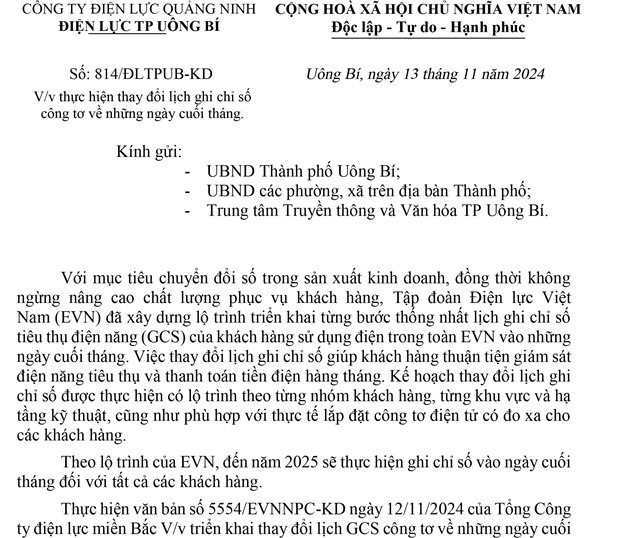 Thực hiện thay đổi lịch ghi chỉ số công tơ về những ngày cuối tháng