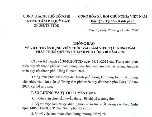 Thông báo về việc tuyển dụng viên chức vào làm việc tại Trung tâm phát triển quỹ đất thành phố Uông Bí năm 2024