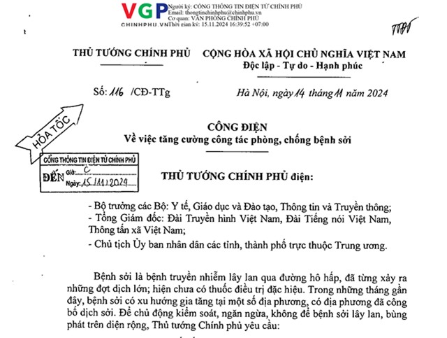 Công điện số 116/CĐ-TTg của Thủ tướng Chính phủ: Về việc tăng cường công tác phòng, chống bệnh sởi