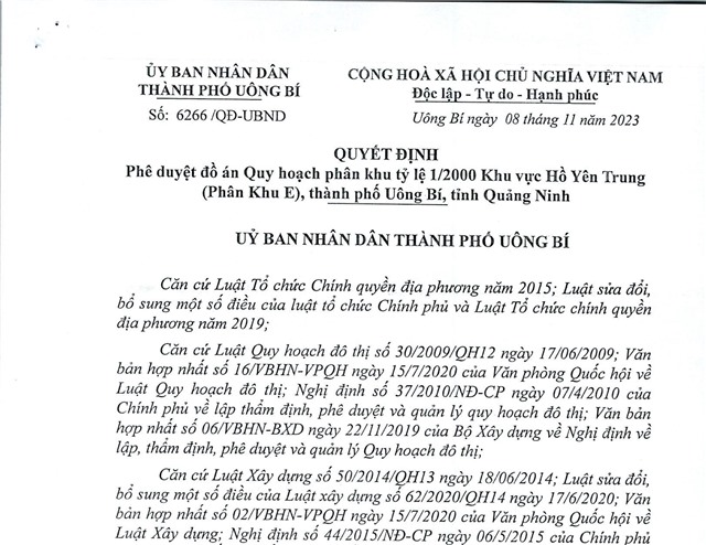 Quyết định phê duyệt đồ án quy hoạch phân khu tỷ lệ 1/2000 khu vực Hồ Yên Trung (Phân Khu E) thành phố Uông Bí, tỉnh Quảng Ninh