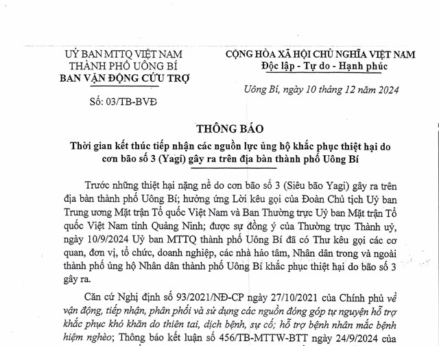 Thông báo thời gian kết thúc tiếp nhận các nguồn lực ủng hộ khắc phục thiệt hại do cơn bão số 3 (Yagi) gây ra trên địa bàn thành phố Uông Bí 