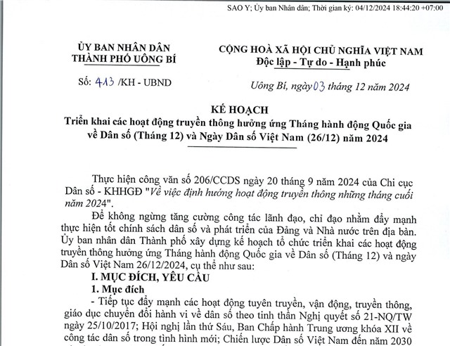 Kế hoạch triển khai các hoạt động truyền thông hưởng ứng Tháng hành động quốc gia về dân số (tháng 12) và ngày dân số Việt Nam (26/12) năm 2024