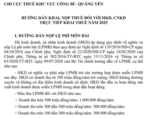 Hướng dẫn khai, nộp thuế đối với hộ kinh doanh, cá nhân kinh doanh trực tiếp khai thuế năm 2025