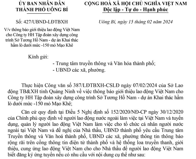 Thông báo giới thiệu lao động Việt Nam cho Công ty HH Tập đoàn xây dựng công trình Sở Tương Hồ Nam - dự án Khai thác hầm lò dưới mức -150m mỏ Mạo Khê