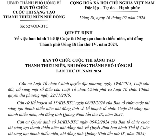 Thể lệ Cuộc thi sáng tạo thanh thiếu niên, nhi đồng Thành phố Uông Bí lần thứ IV, năm 2024