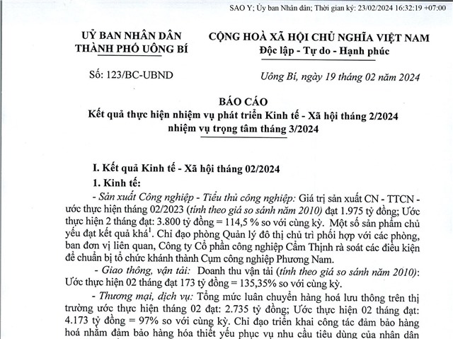 Báo cáo kết quả thực hiện nhiệm vụ phát triển kinh tế - xã hội tháng 2/2024, nhiệm vụ trọng tâm tháng 3/2024