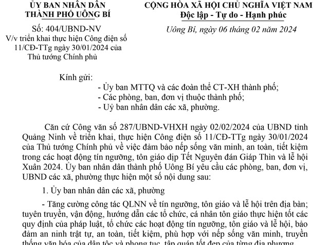 Triển khai thực hiện Công điện số 11/CĐ-TTg ngày 30/01/2024 của Thủ tướng Chính phủ