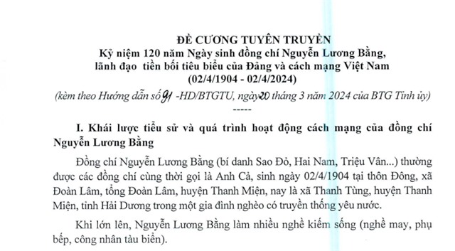 Đề cương tuyên truyền kỷ niệm 120 năm Ngày sinh đồng chí Nguyễn Lương Bằng, lãnh đạo tiền bối của Đảng và cách mạng Việt Nam (02/4/1904 - 02/4/2024)
