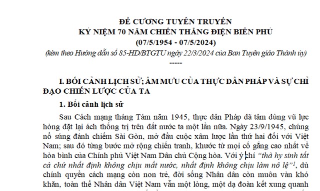 Đề cương tuyên truyền kỷ niệm 70 năm chiến thắng Điện Biên Phủ (07/5/1954 - 07/5/2024)