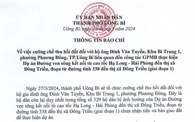 Thông tin báo chí (về việc cưỡng chế thu hồi đất đối với hộ ông Đinh Văn Tuyến)