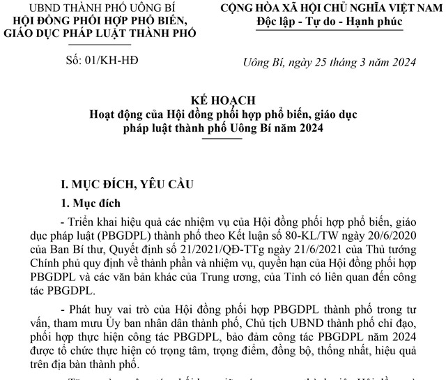 Kế hoạch Hoạt động của Hội đồng phối hợp phổ biến, giáo dục pháp luật thành phố Uông Bí năm 2024