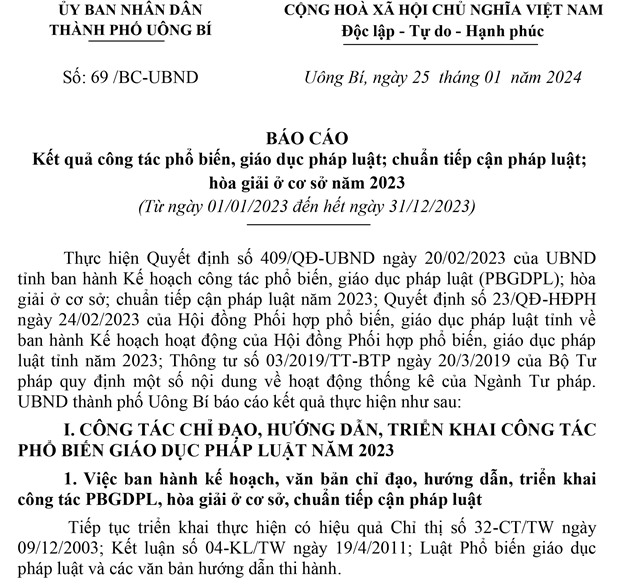 Báo cáo kết quả công tác phổ biến, giáo dục pháp luật; chuẩn tiếp cận pháp luật; hòa giải ở cơ sở năm 2023