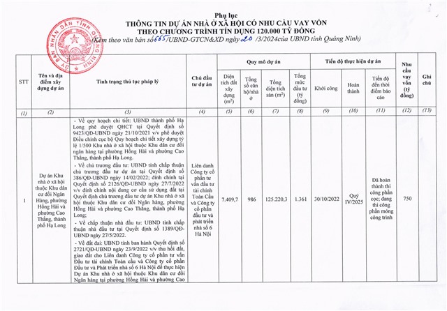 Công bố danh mục dự án nhà ở xã hội để triển khai thực hiện chương trình tín dụng 120.000 tỷ đồng theo Nghị quyết số 33/NQ-CP ngày 11/3/2023 của Chính phủ