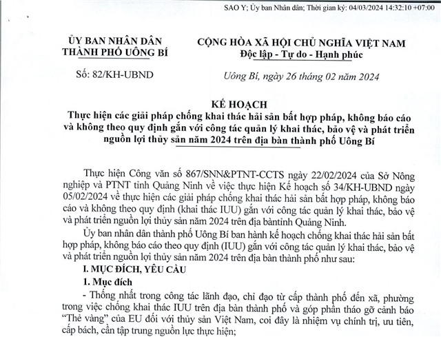 Kế hoạch thực hiện các giải pháp chống khai thác hải sản bất hợp pháp, ... gắn với công tác quản lý khai thác, bảo vệ và phát triển nguồn lợi thuỷ sản năm 2024 trên địa bàn thành phố Uông Bí